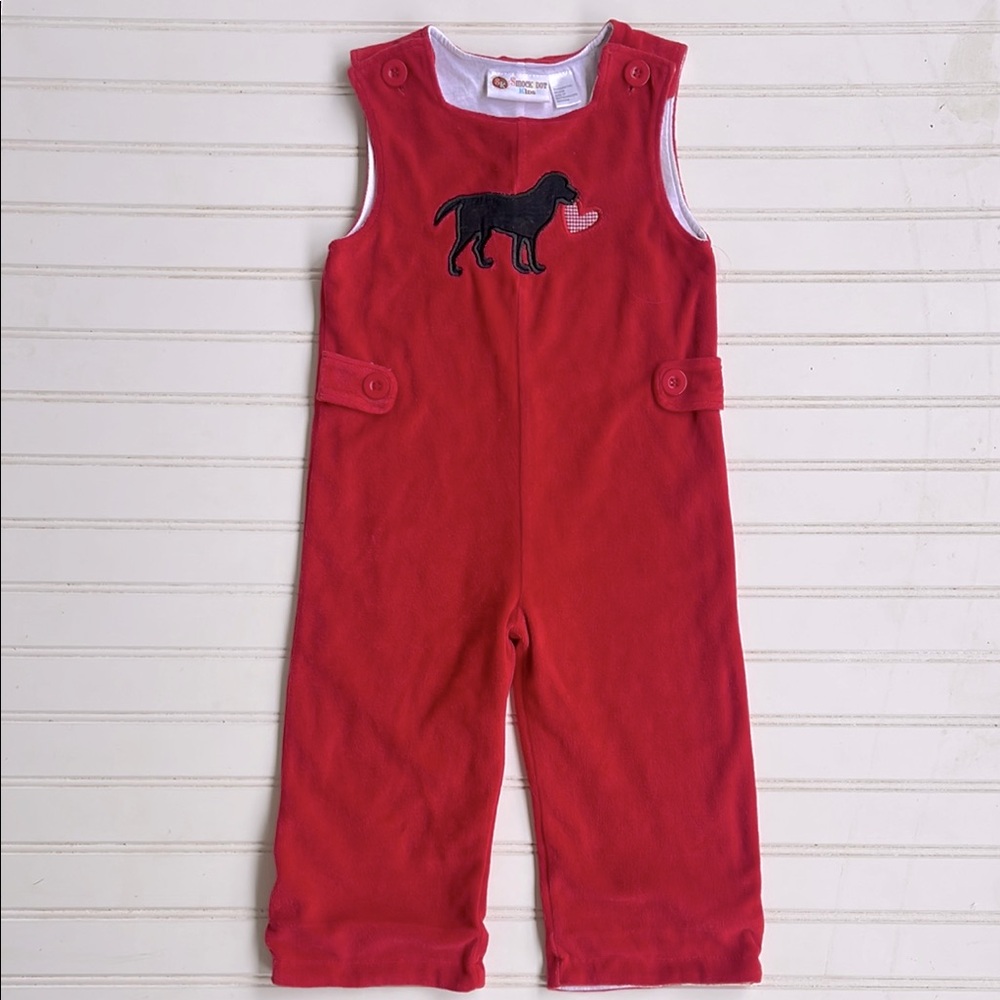 SMOCK DOT KIDS VGUC Boys Velour Embroidered Appliqué Dog Valentine Overalls